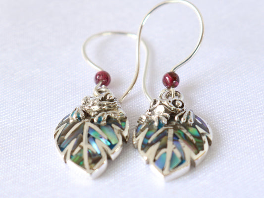 Frog on a leaf pendant earrings. Silver, abalone shell, garnets.