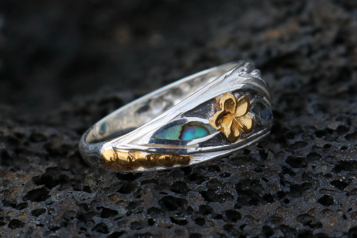 18K Gold Vermeil Plumeria Ring. Sterling Silver, Abalone Shell.