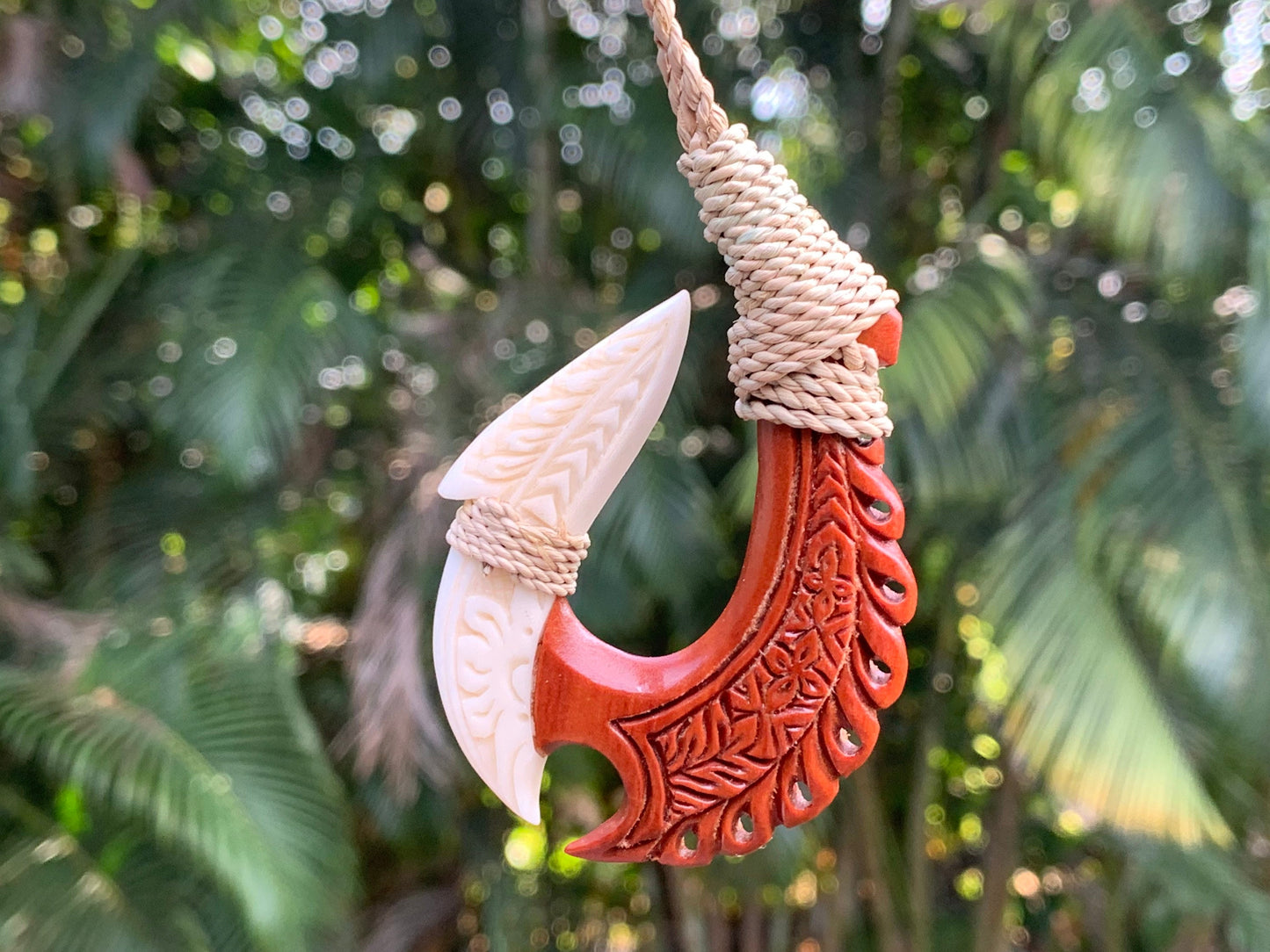 Hawaiian Makau Polynesian Matau Maui Carved Fish Hook Necklace. Bone, Wood.