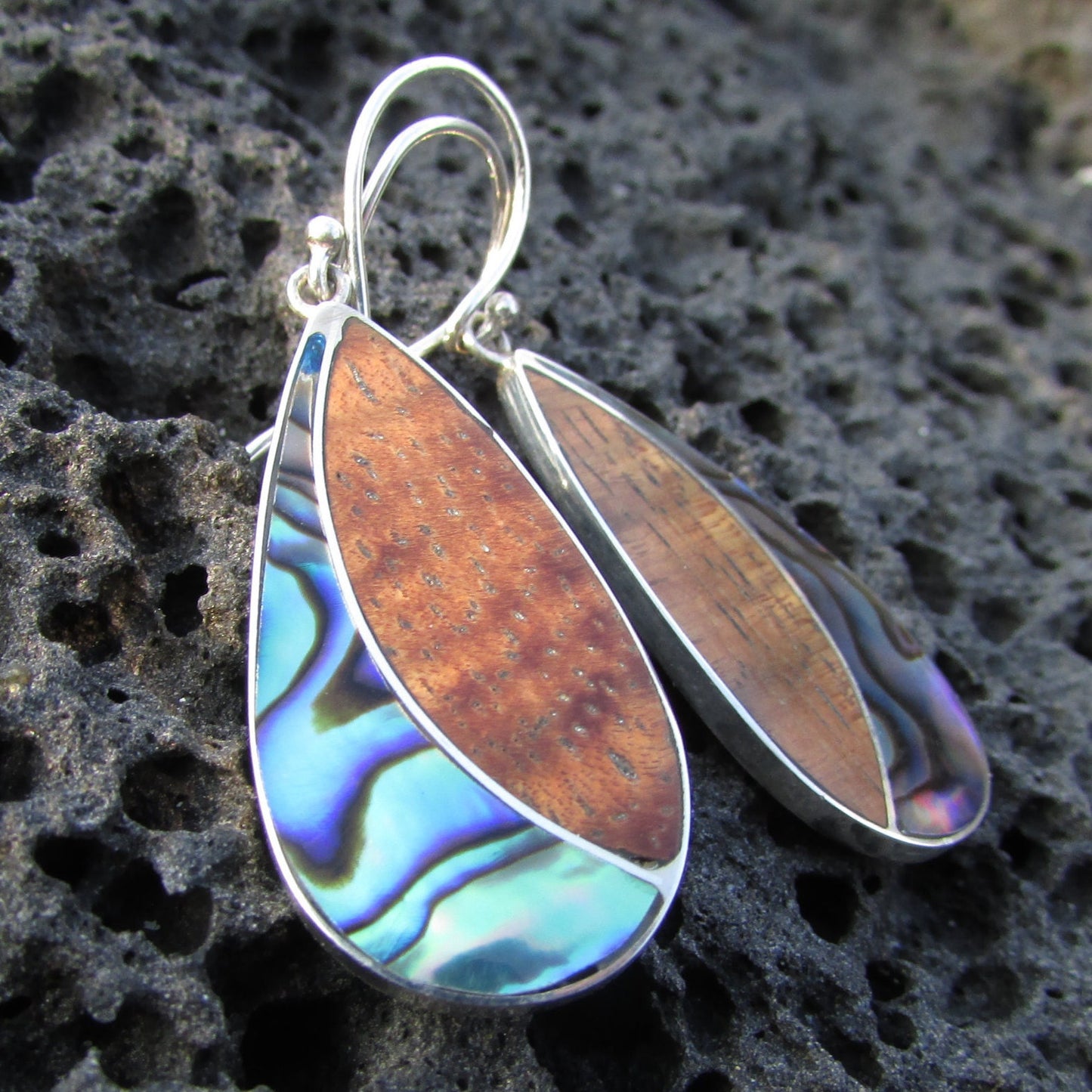 Teardrop Earrings | Paua Abalone Shell | Koa Wood | Sterling Silver | Gift | Jewelry | Handmade | Unique