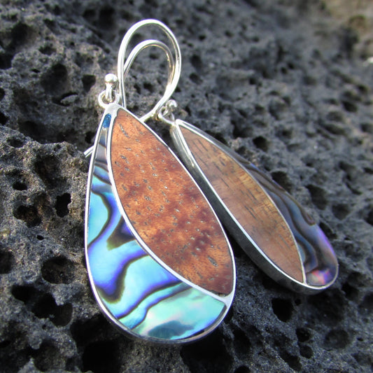 Teardrop Earrings | Paua Abalone Shell | Koa Wood | Sterling Silver | Gift | Jewelry | Handmade | Unique