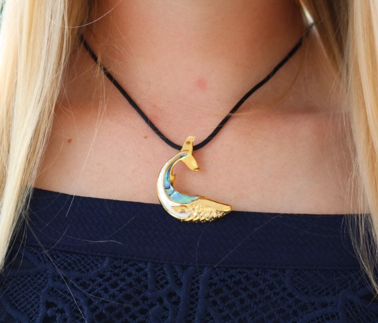 18K Gold Vermeil Whale Necklace Pendant. Abalone Shell. Mother of Pearl.
