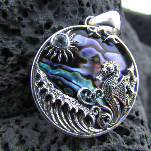 Seahorse Wave Necklace Pendant | Blue Topaz | Paua Abalone Shell | Sterling Silver | From Hawaii | Unique | Handmade
