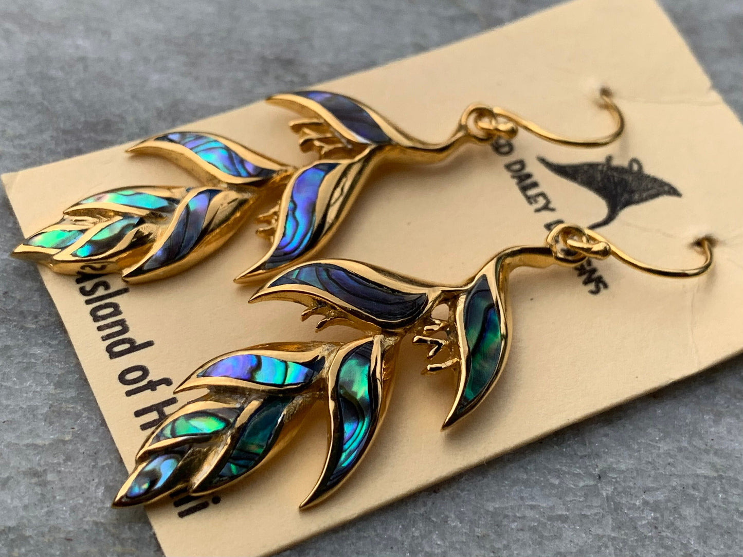18K Gold Vermeil Heliconia Flower Earrings. Abalone Shell.