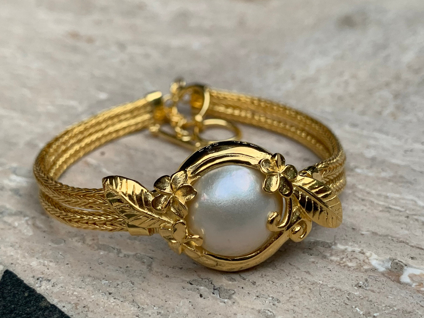 18K Gold Vermeil Plumeria Flower Bracelet. White Mabe Pearl.
