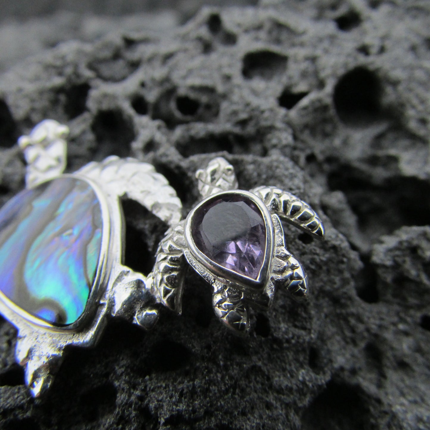 Sea Turtle Necklace Pendant | Paua Abalone Shell | Amethyst | Sterling Silver | Ocean | Beach | Gift | Jewelry | Handmade | Unique