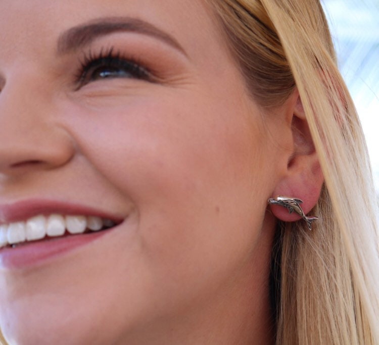 Dolphin Earrings Stud | Sterling Silver | Ocean | Beach | Gift | Jewelry | Handmade | Unique