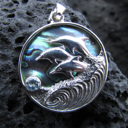 Dolphin Wave Necklace Pendant Large | Blue Topaz | Abalone Paua Shell | Sterling Silver | Ocean | Beach | Gift | Jewelry | Handmade | Unique