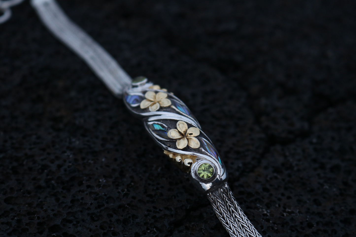 Plumeria Flower Bracelet. 18K Gold Vermeil, Abalone Shell, Peridot, Sterling Silver.