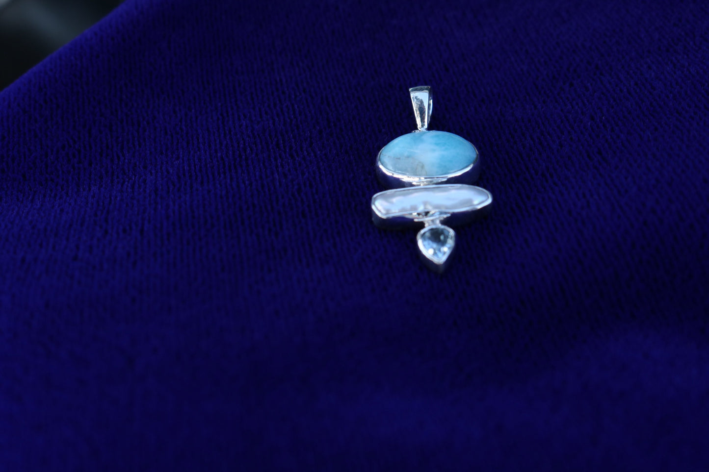 Larimar, Pearl and Blue Topaz Triple Pendant Necklace. Sterling Silver.