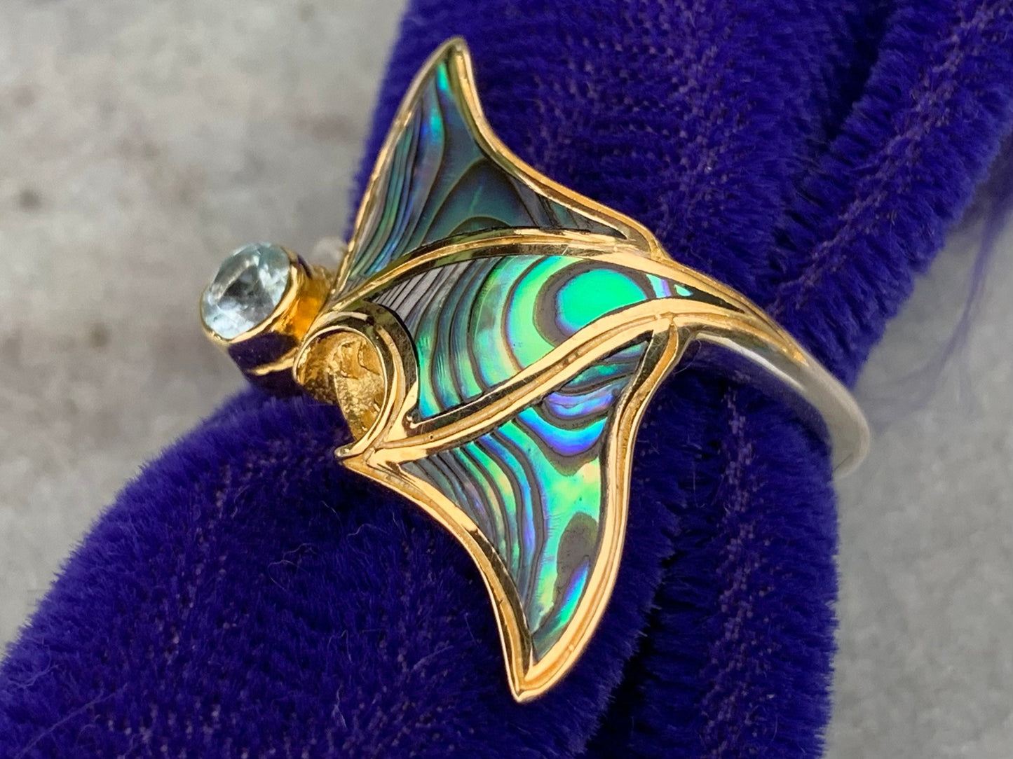 Manta Ray Gold Vermeil Ring. Blue Topaz. Abalone Paua Shell.