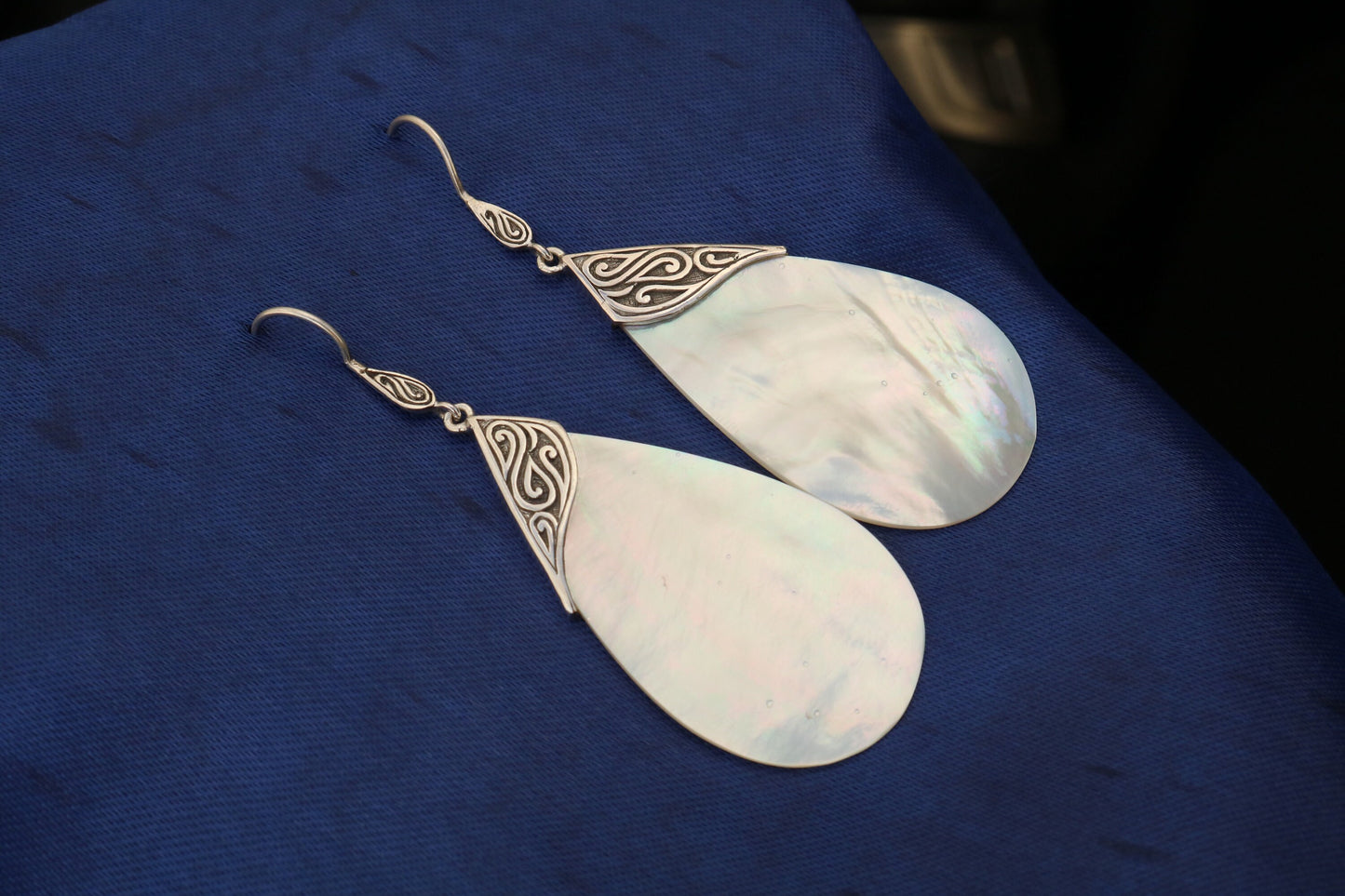 Mother of Pearl Teardrop Earrings Tribal Design. Sterling Silver.