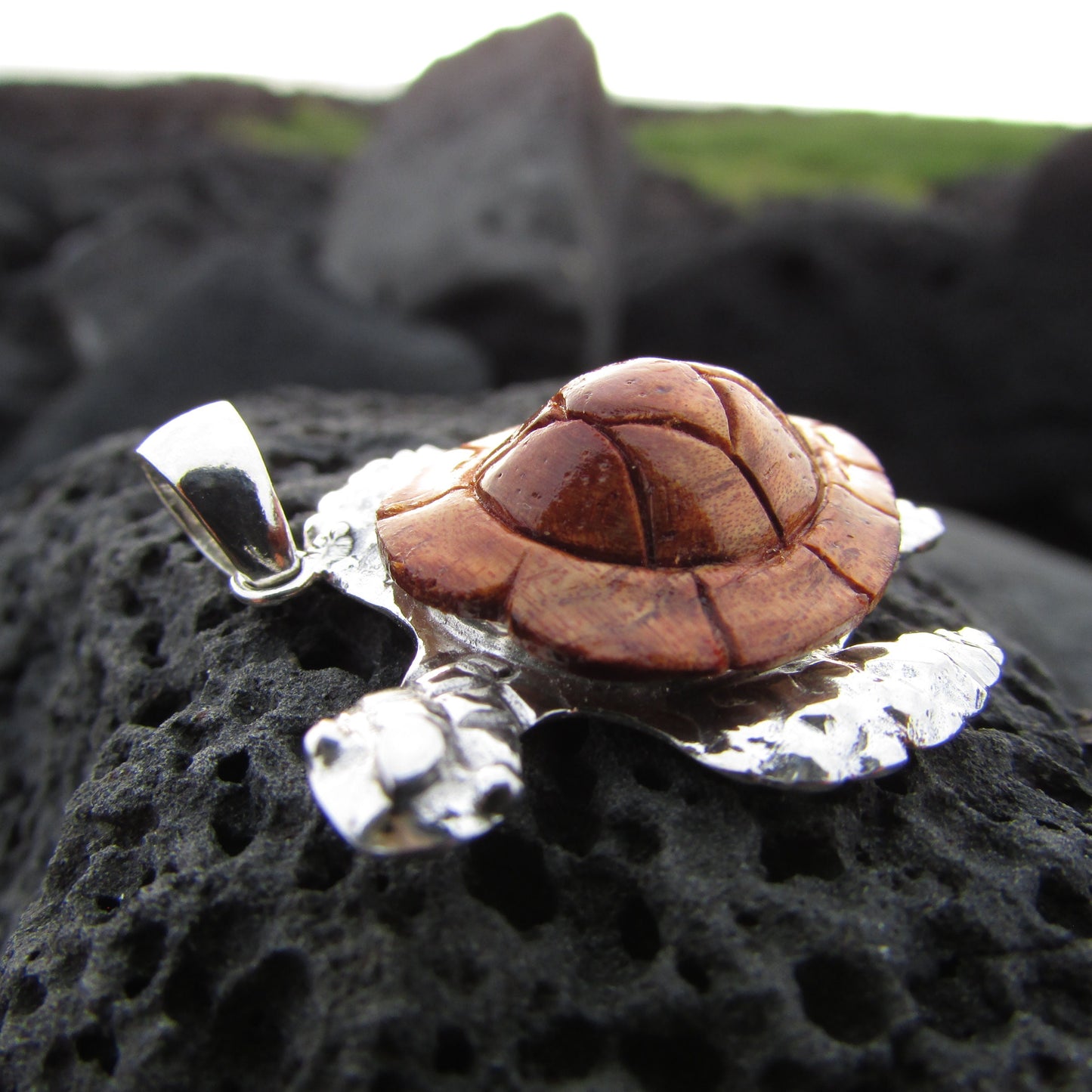 Sea Turtle Necklace Pendant Medium | Sterling Silver | Hawaiian Koa Wood | Ocean | Beach | Gift | Jewelry | Handmade | Unique