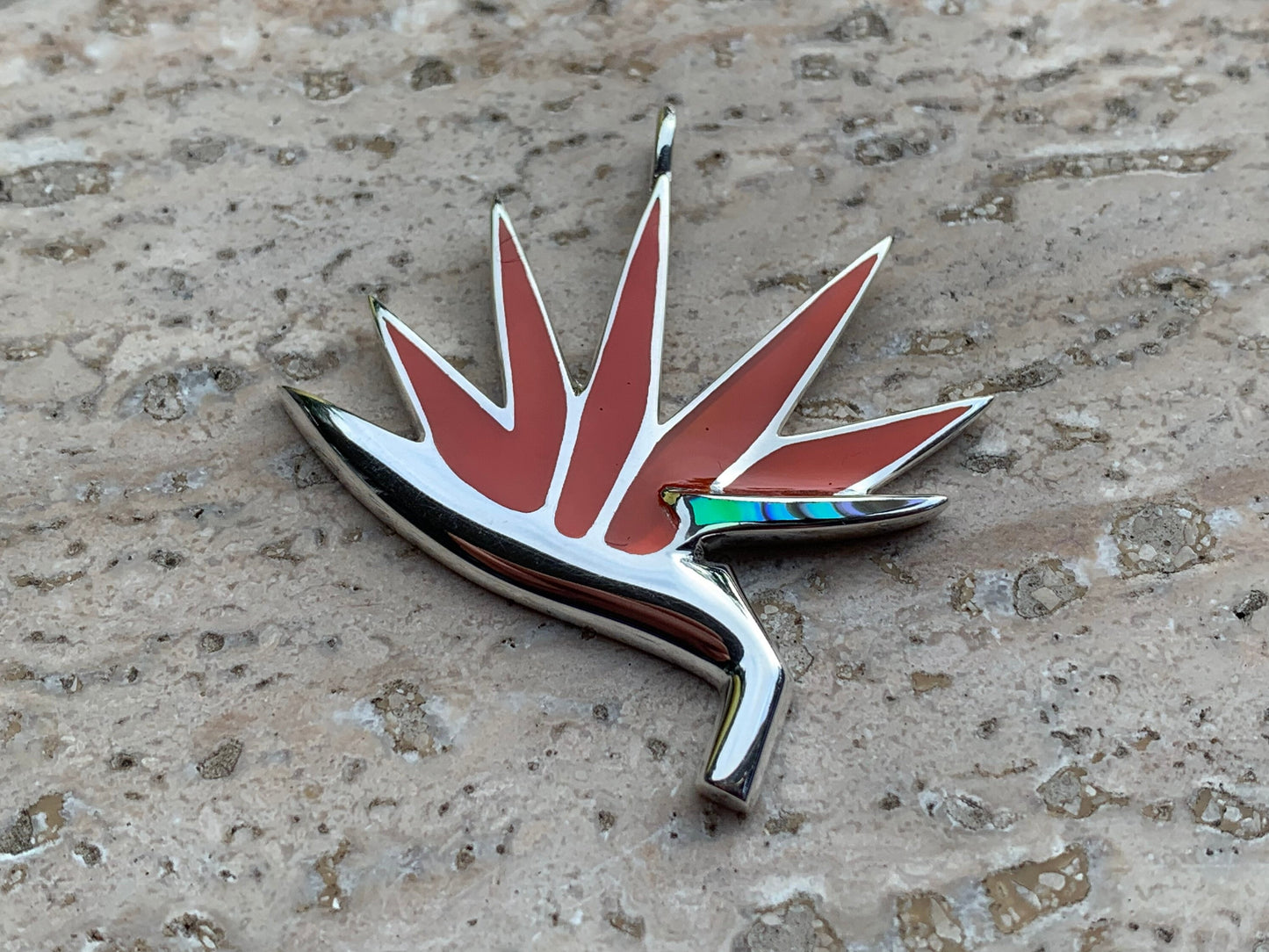 Bird of Paradise Flower Necklace Pendant. Red Coral, Sterling Silver, Abalone Shell.