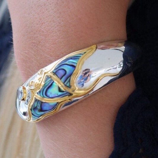 Manta Ray Cuff Bracelet. Sterling Silver, 18K Gold Vermeil Plated, Blue Topaz