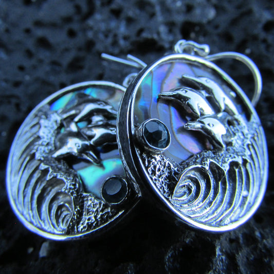 Dolphin Wave Earrings | Blue Topaz | Paua Abalone  Shell | Sterling Silver | Ocean | Beach | Gift | Jewelry | Handmade | Unique