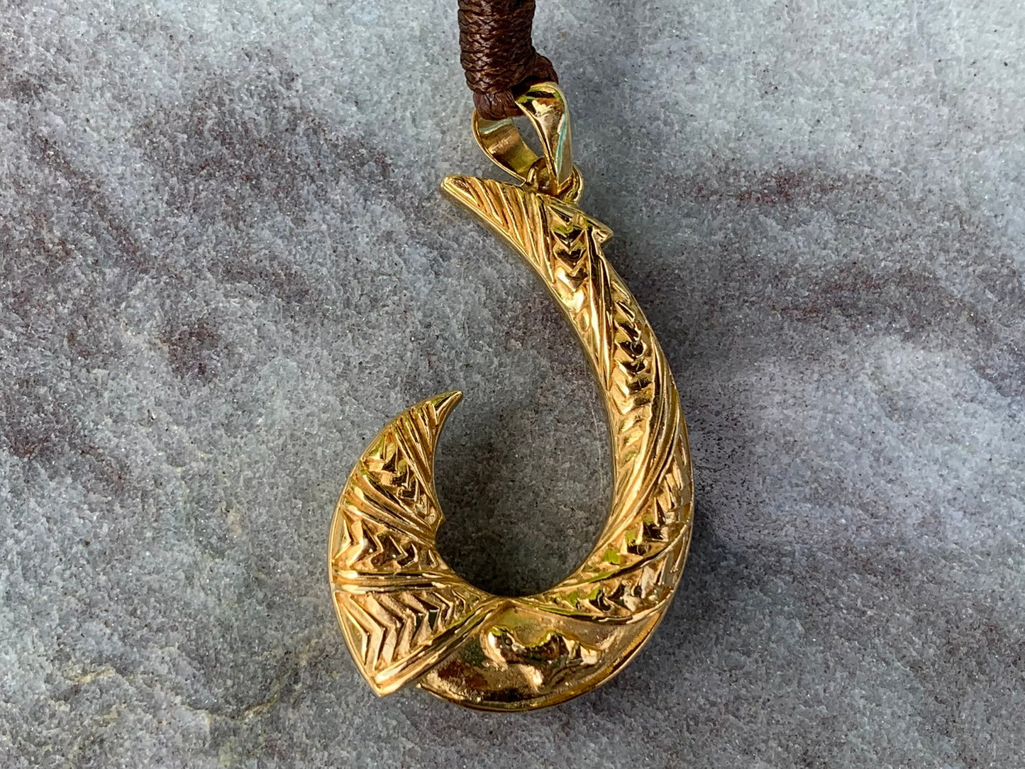 Hawaiian Maui Island Fishing Hook Tribal Necklace Pendant. 18K Gold Vermeil.
