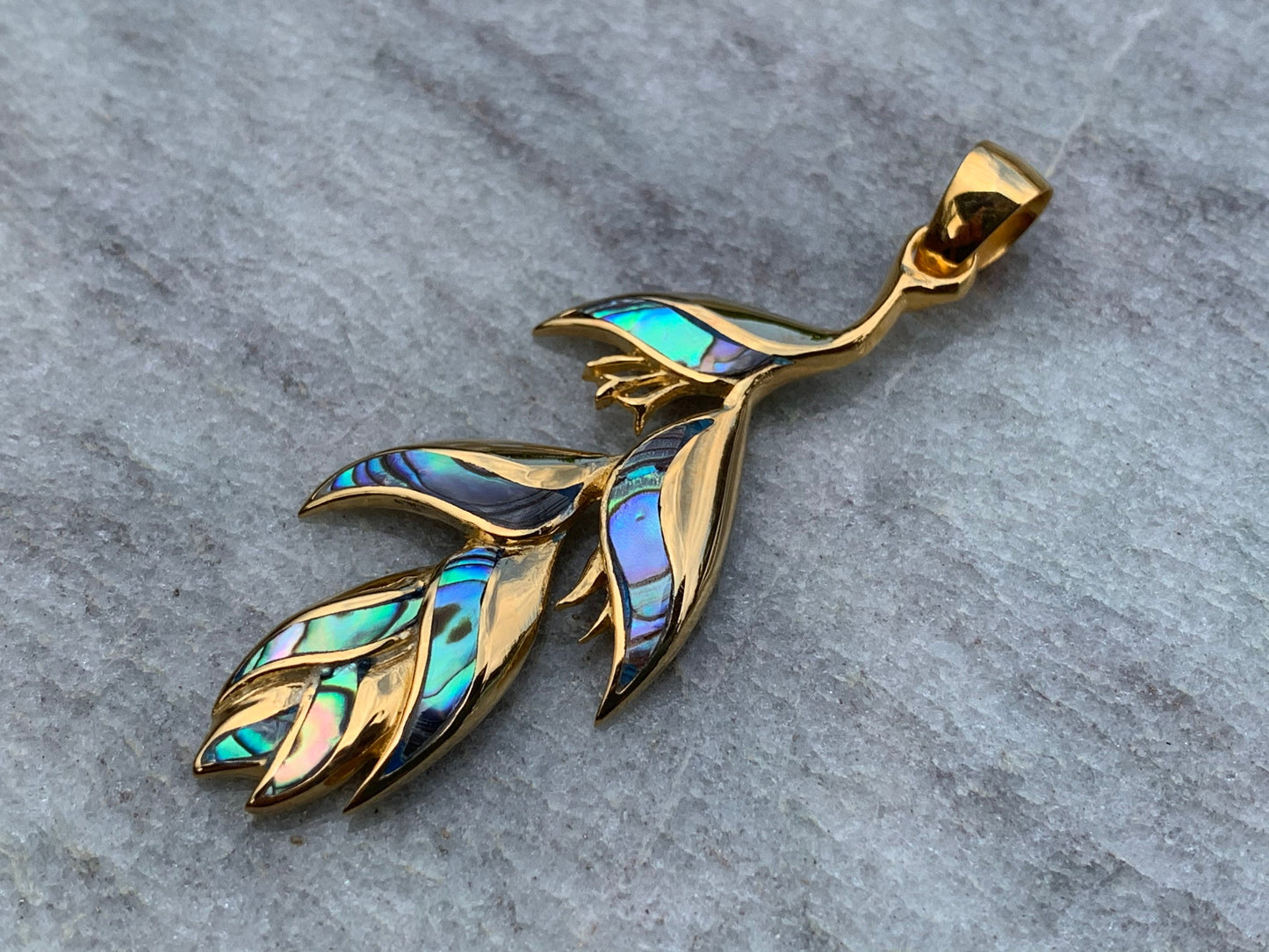 18K Gold Vermeil Heliconia Flower Necklace Pendant. Abalone Shell.