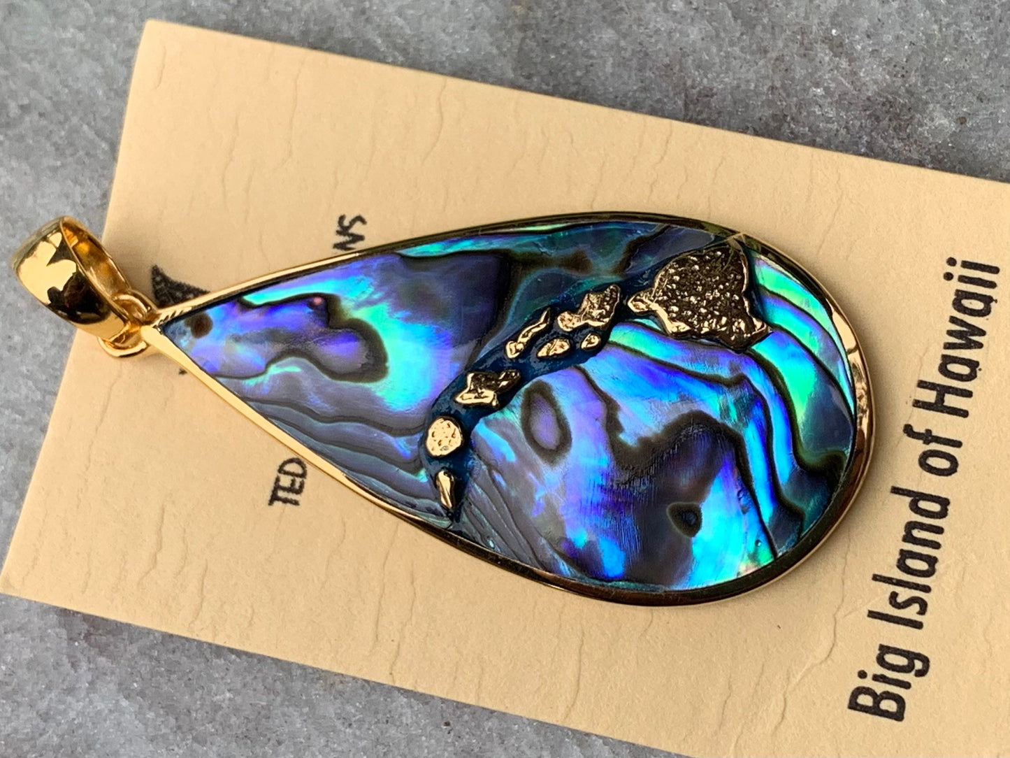 Hawaiian Islands Chain Necklace Pendant. Kauai, Oahu, Maui, Big Island of Hawaii. Silver, 18k Gold, Abalone Paua Shell.