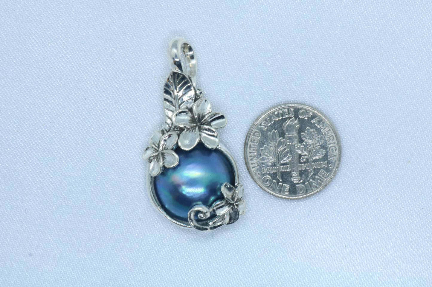 Plumeria Flower Blue Mabe Pearl Silver Pendant Necklace