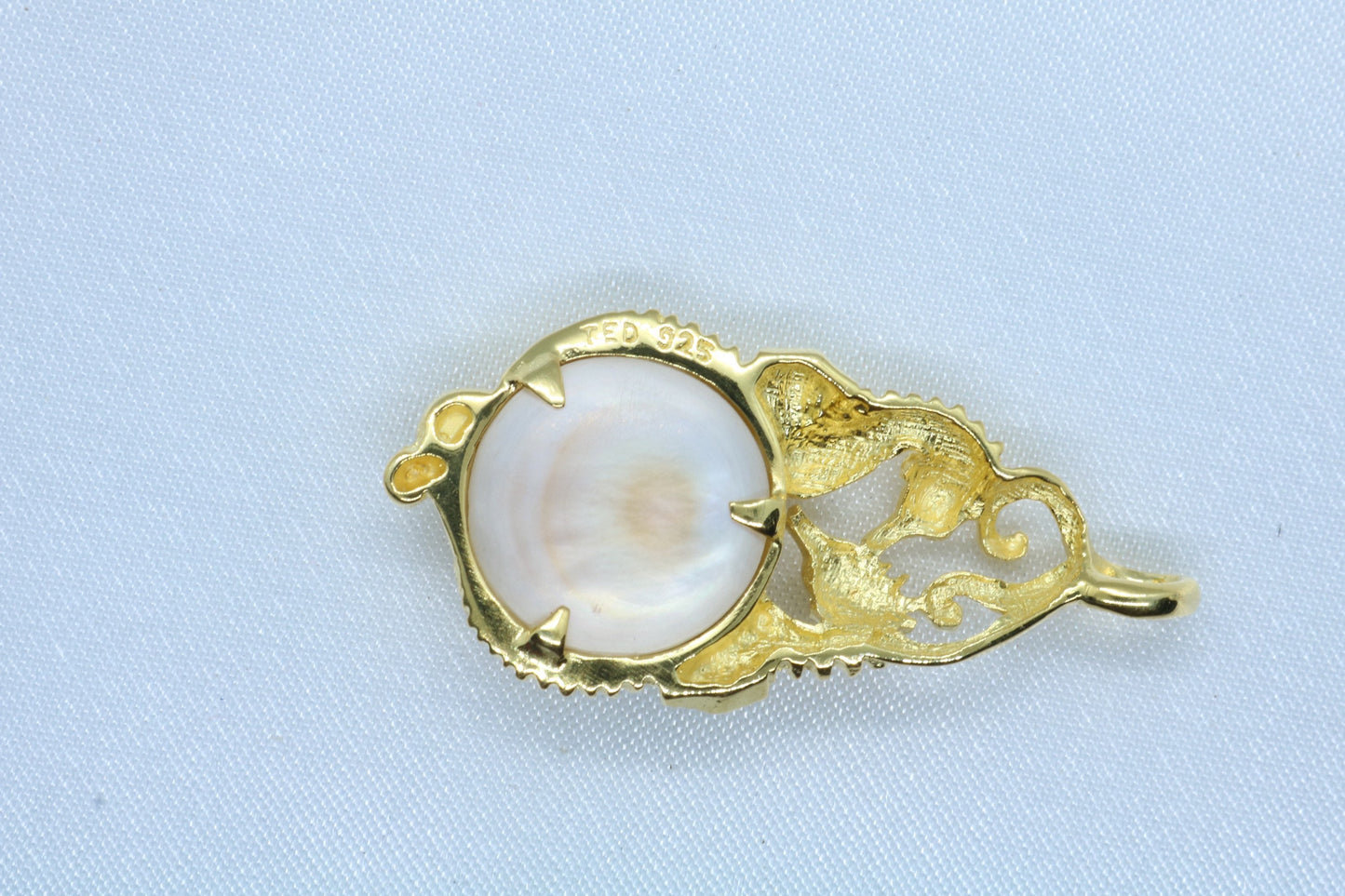 Seahorses 18k Gold Vermeil Mabe White Pearl Pendant Necklace