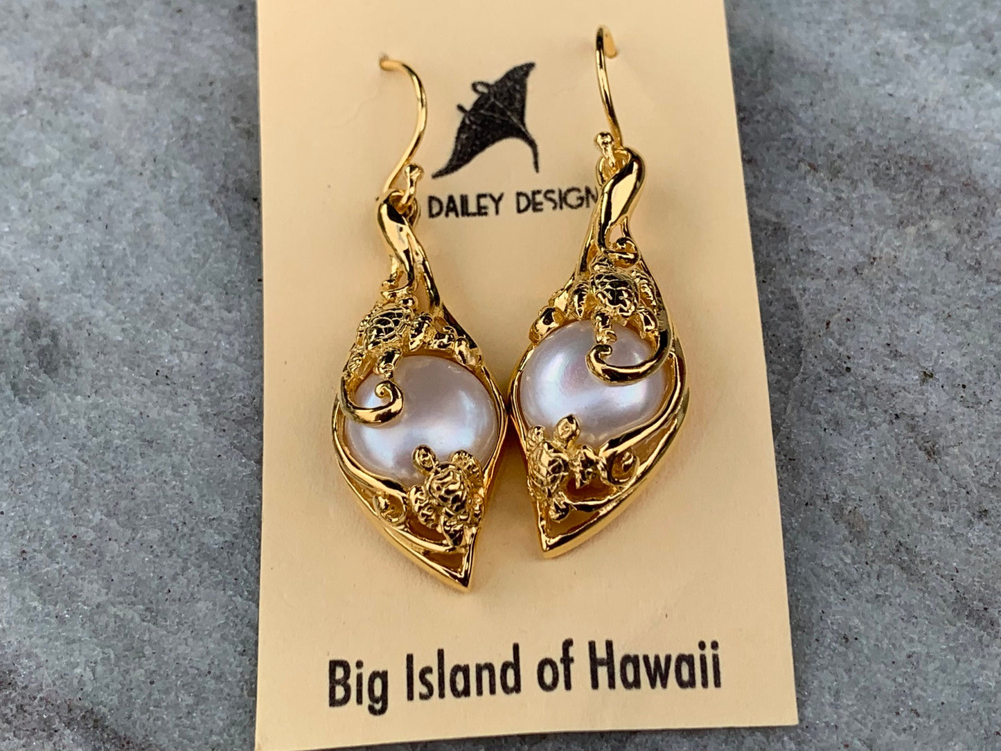18k gold vermeil white mabe pearl turtle earrings. Hawaiian Honu.