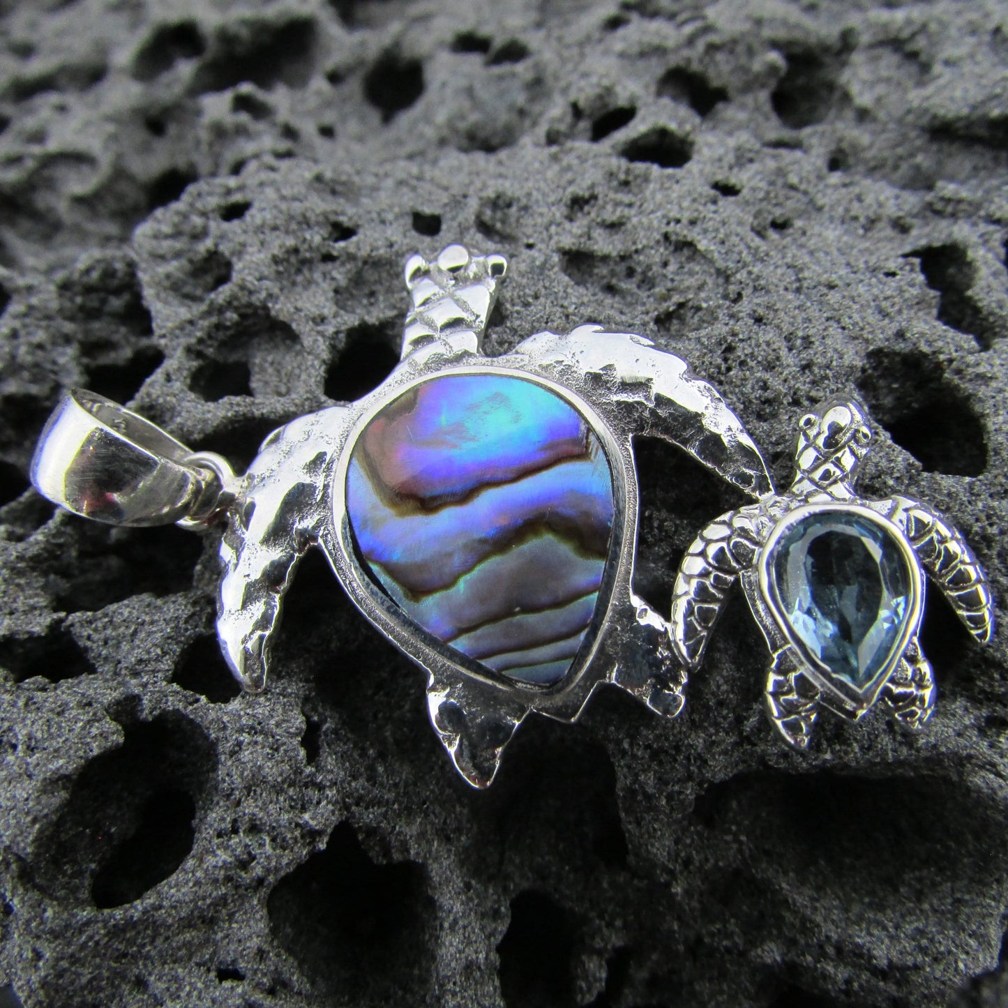 Sea Turtle Couple Necklace Pendant | Abalone Paua Shell | Blue Topaz | Sterling Silver | Ocean | Beach | Gift | Jewelry | Handmade | Unique