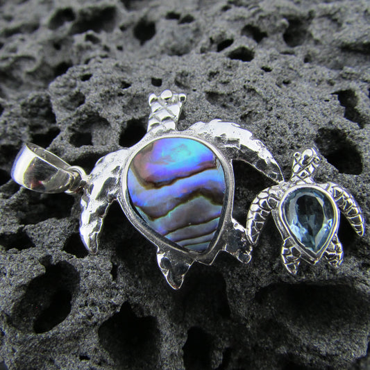 Sea Turtle Couple Necklace Pendant | Abalone Paua Shell | Blue Topaz | Sterling Silver | Ocean | Beach | Gift | Jewelry | Handmade | Unique