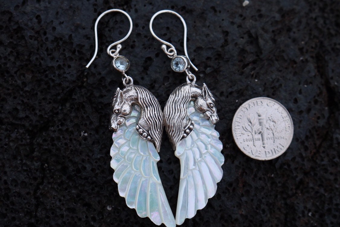 Pegasus Horse Wings Cowgirl Jewelry Earrings. Sterling Silver, Blue Topaz, Mother of Pearl.