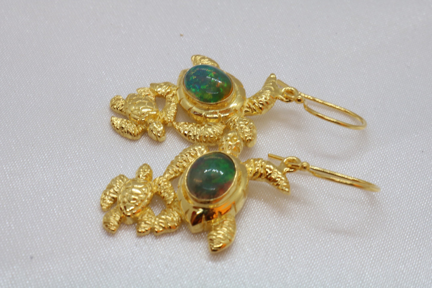 Opal Turtle Hawaiian Honu Mom and Baby 18k Gold Vermeil Earrings