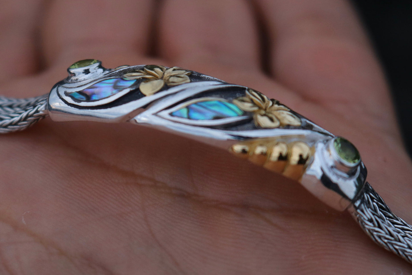 Plumeria Flower Bracelet. 18K Gold Vermeil, Abalone Shell, Peridot, Sterling Silver.