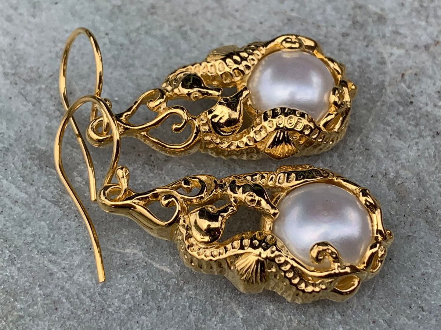 18k gold vermeil white mabe pearl seahorse earrings.
