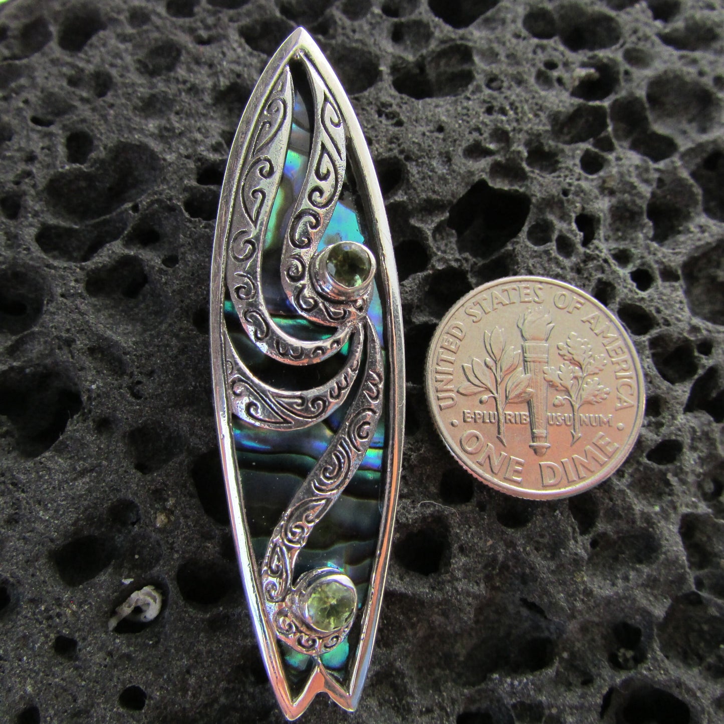 Surfboard Polynesian Tattoo Design. Peridot, Paua Abalone Shell, Sterling Silver.