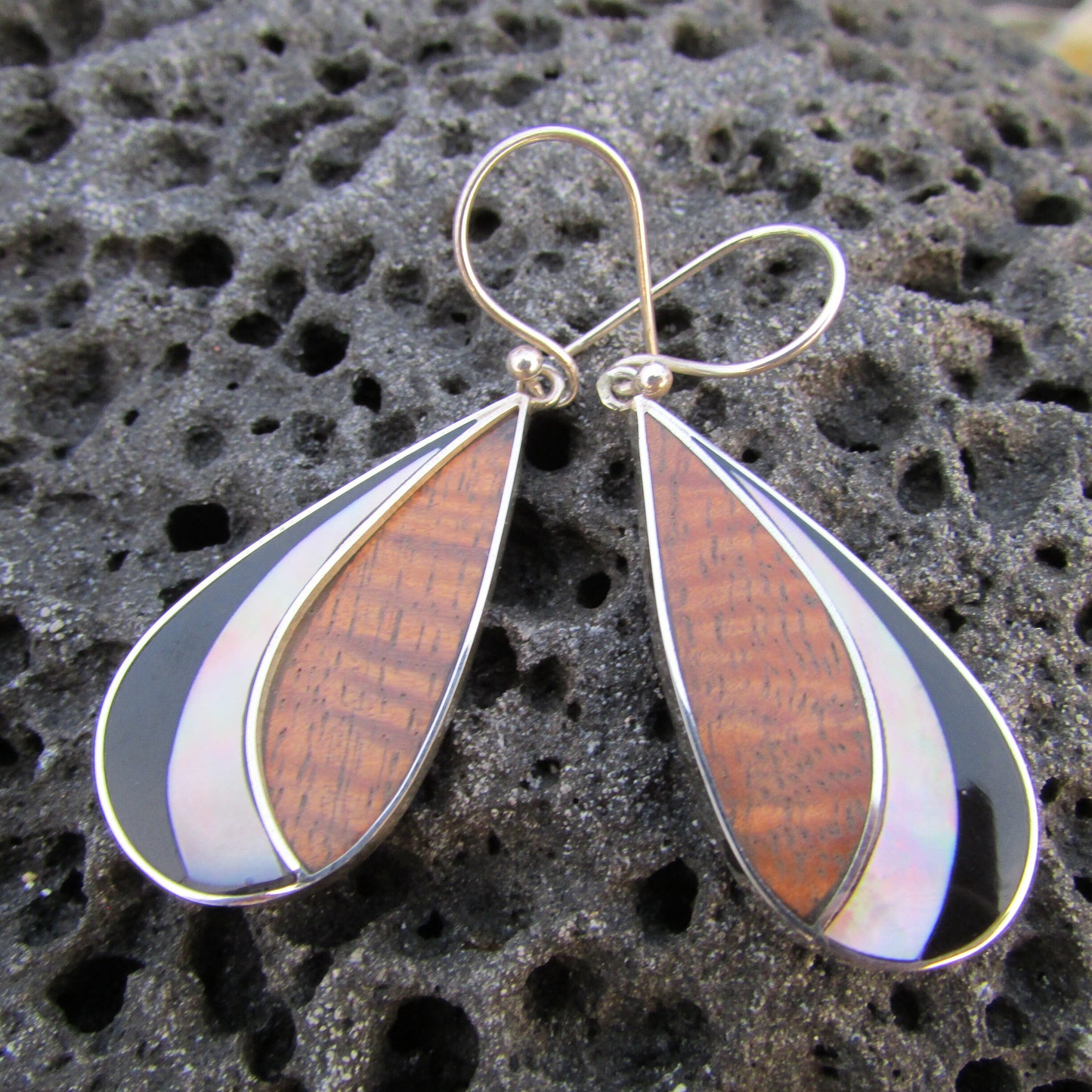 Teardrop Earrings | Ouster Shell | Hawaiian Koa Wood | Sterling Silver | Gift | Jewelry | Handmade | Unique