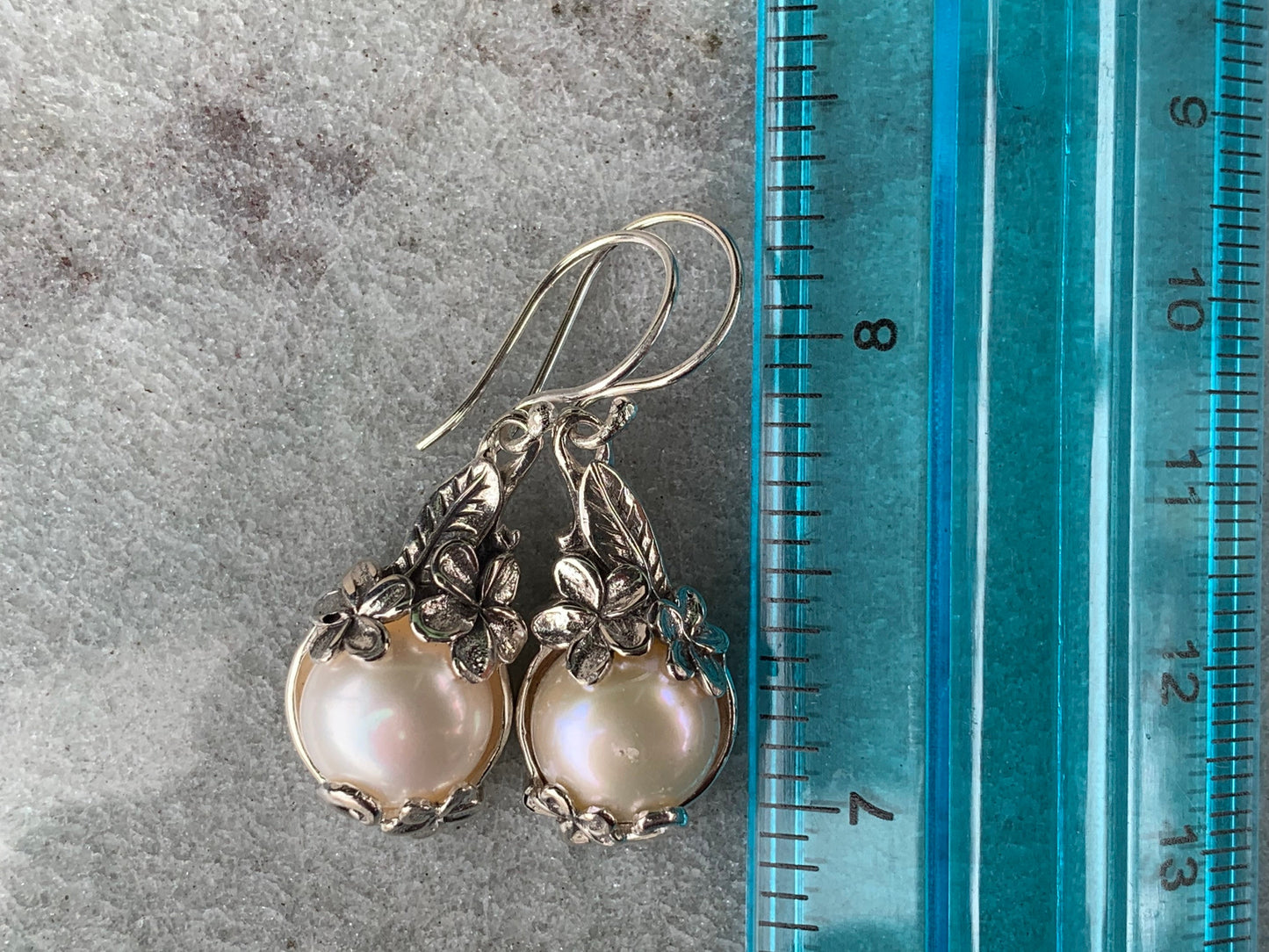 Plumeria Flower White Mabe Pearl Silver Earrings