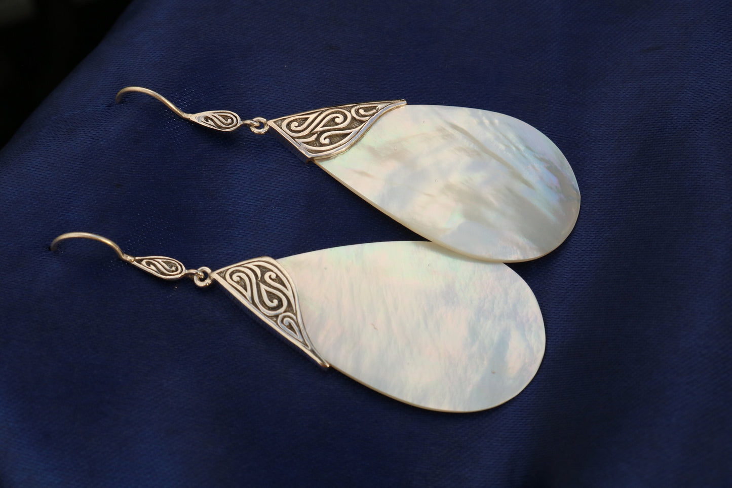 Mother of Pearl Teardrop Earrings Tribal Design. Sterling Silver.