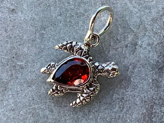 Honu Turtle Garnet Silver Charm Necklace Pendant