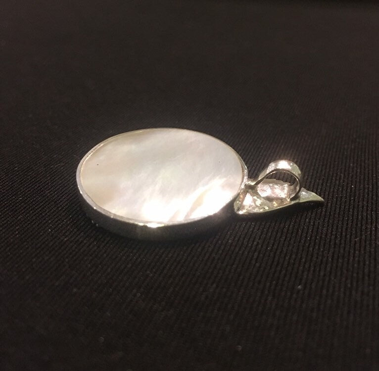 Moon Owl Hawaiian Pueo Aumakua Necklace Pendant. Hawaiian Koa Wood, Mother of Pearl, Sterling Silver.