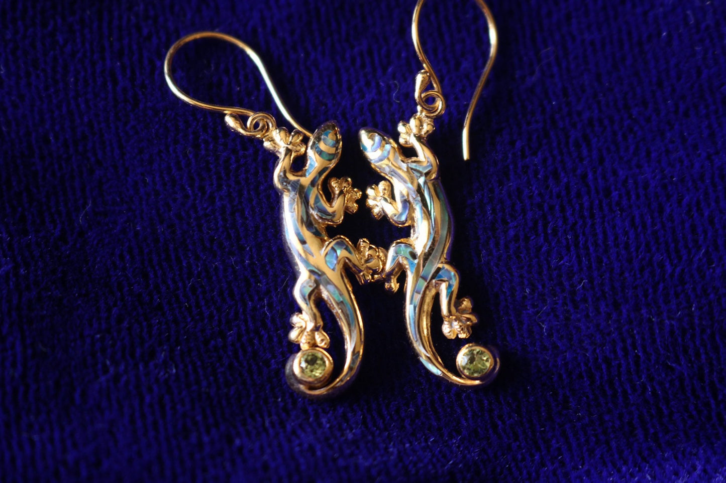 Hawaiian Gecko Lizard Salamander Earrings. Vermeil 18k Gold Silver Abalone Paua Shell Peridot.