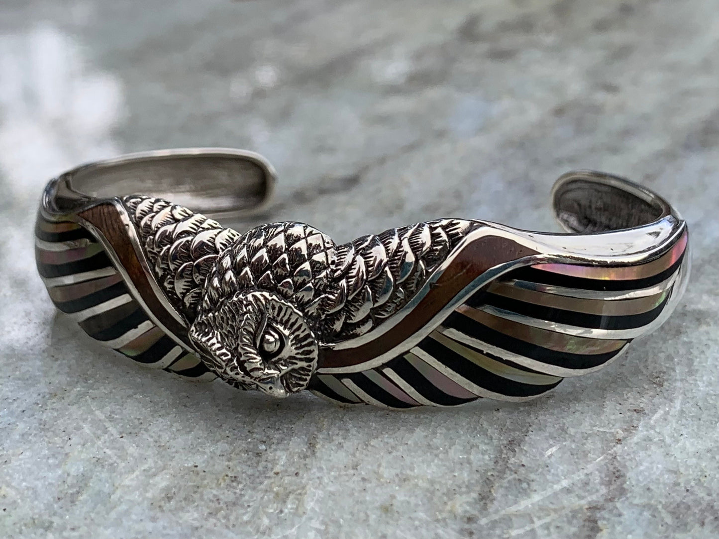 Owl cuff bracelet. Hawaiian Koa Wood. Mother of Pearl, Black Lip Oyster Shell, Sterling Silver.