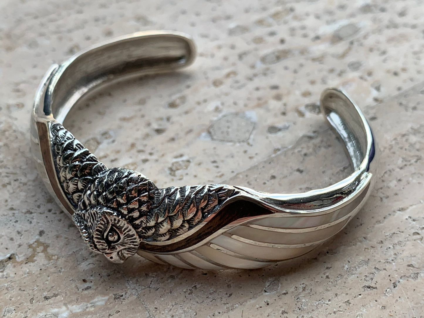 Owl cuff bracelet. Hawaiian Koa Wood. Mother of Pearl. Sterling Silver.