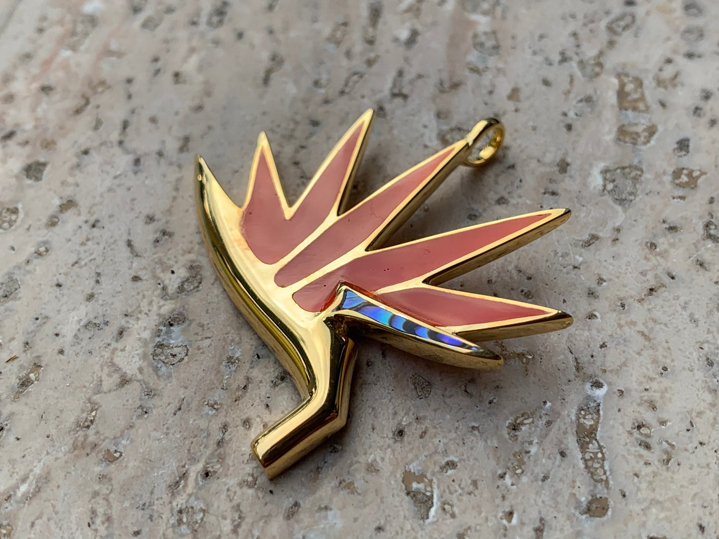 Bird of Paradise 18k Gold Vermeil Flower Necklace Pendant. Red Coral, Sterling Silver, Abalone Shell.