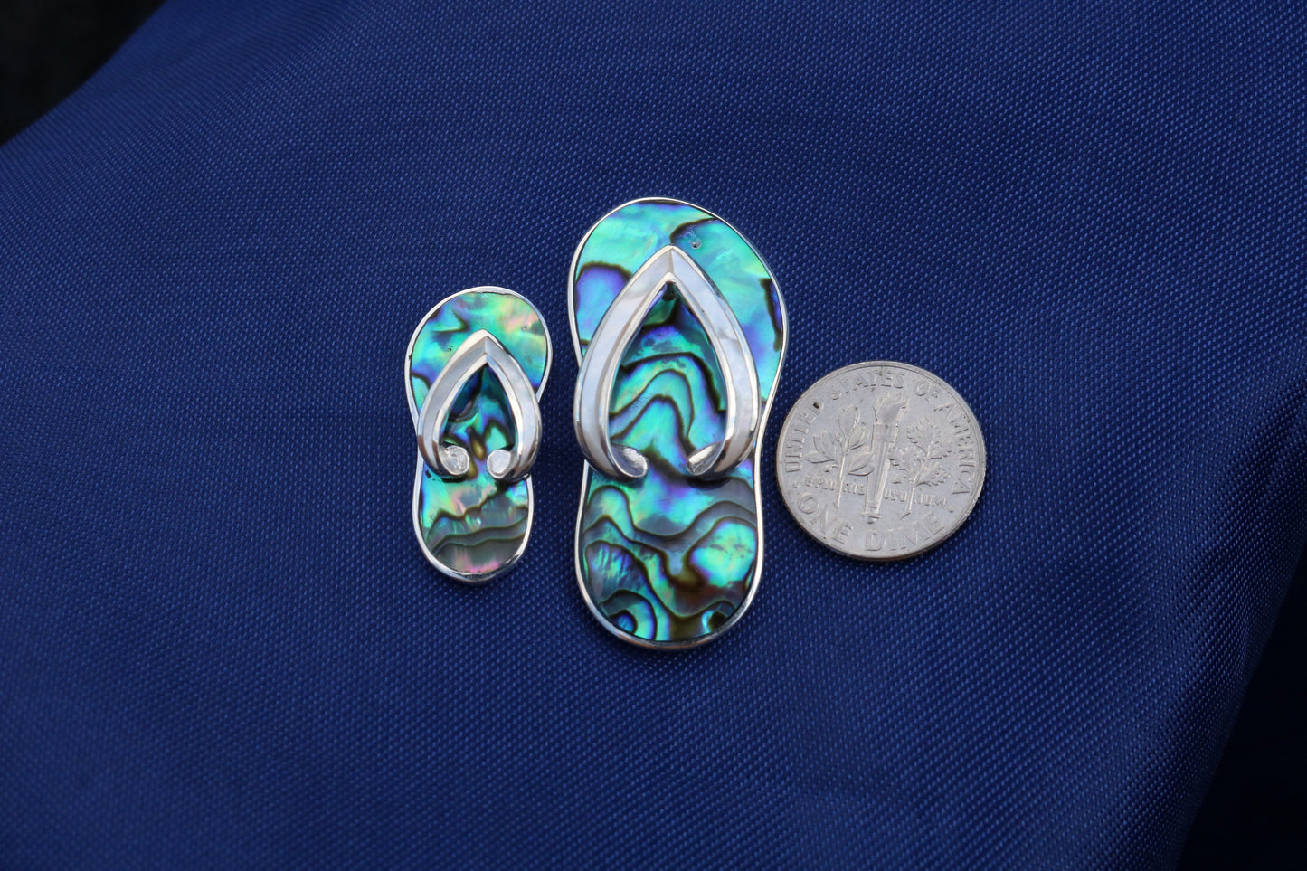 Beach Slippers Pendant Necklace. Abalone Shell, Sterling Silver, Mother of Pearl.
