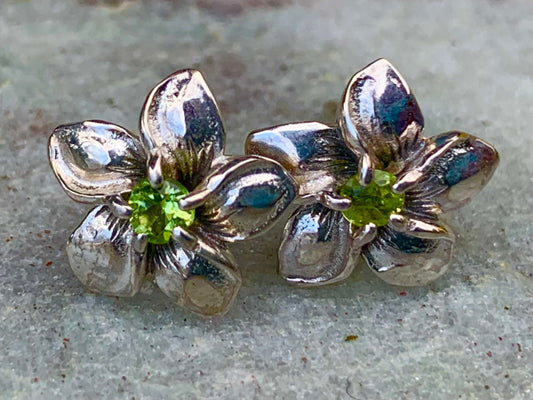 Plumeria Flower Earrings Studs. Sterling Silver. Peridot.