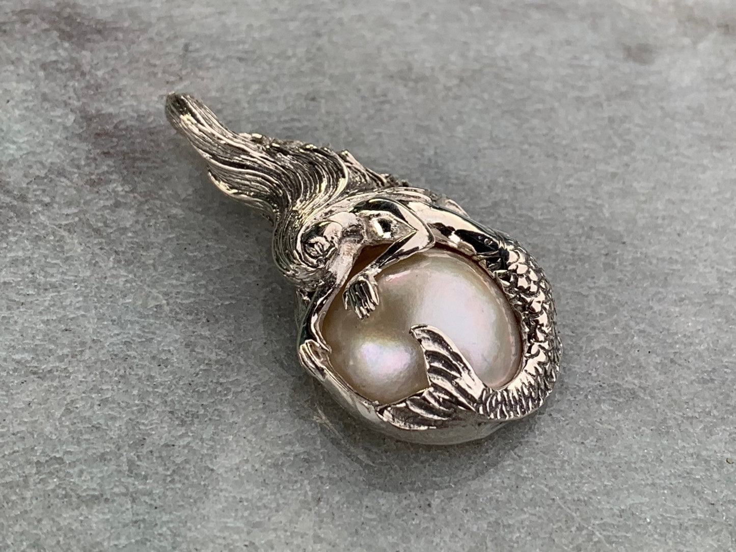 Mermaid White Pearl Mabe Silver Pendant Necklace