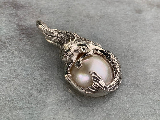Mermaid White Pearl Mabe Silver Pendant Necklace