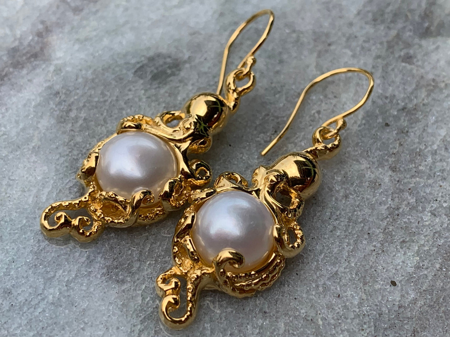 18k gold vermeil white mabe pearl octopus earrings.