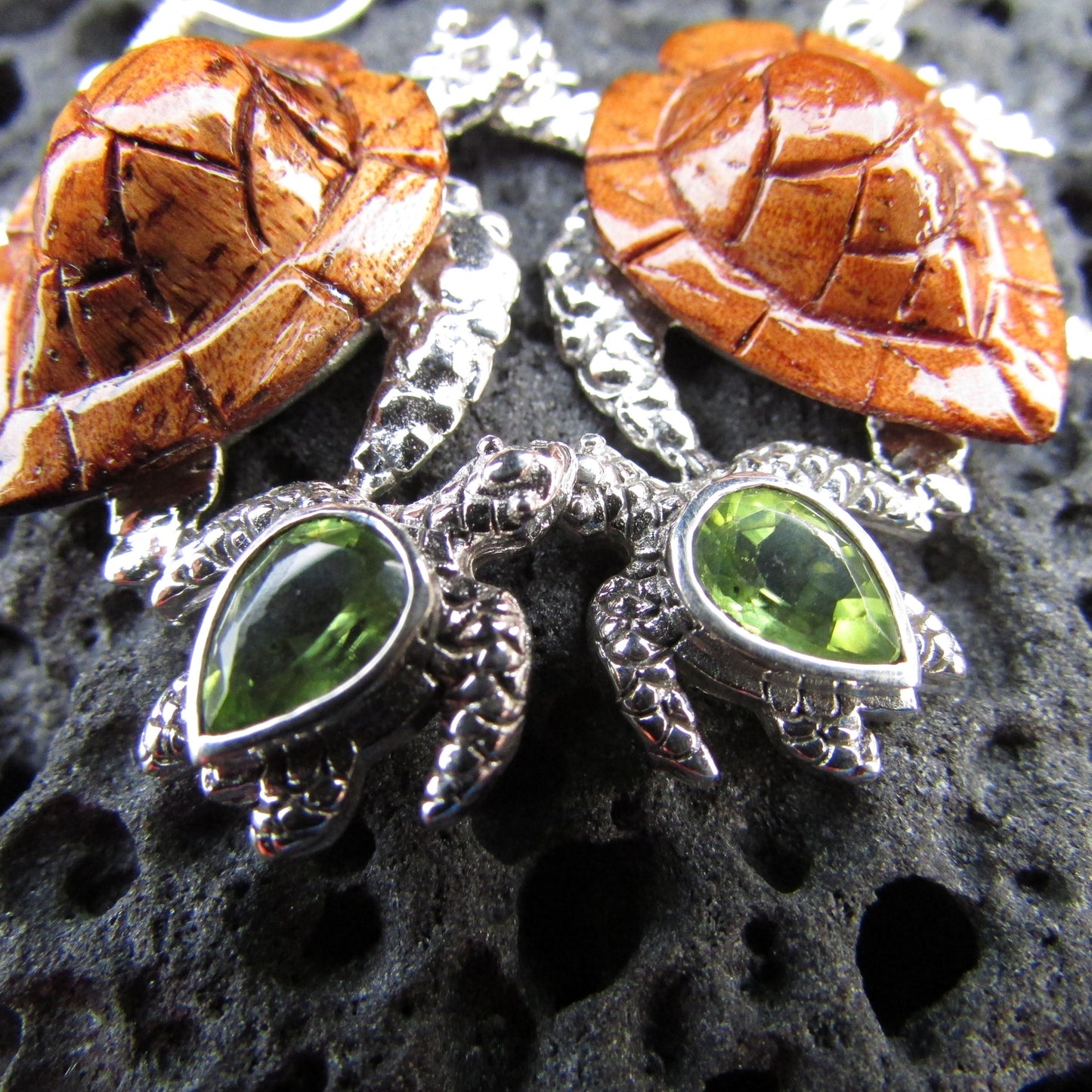 Sea Turtle Earrings | Peridot | Hawaiian Koa Wood | Sterling Silver | Ocean | Beach | Gift | Jewelry | Handmade | Unique