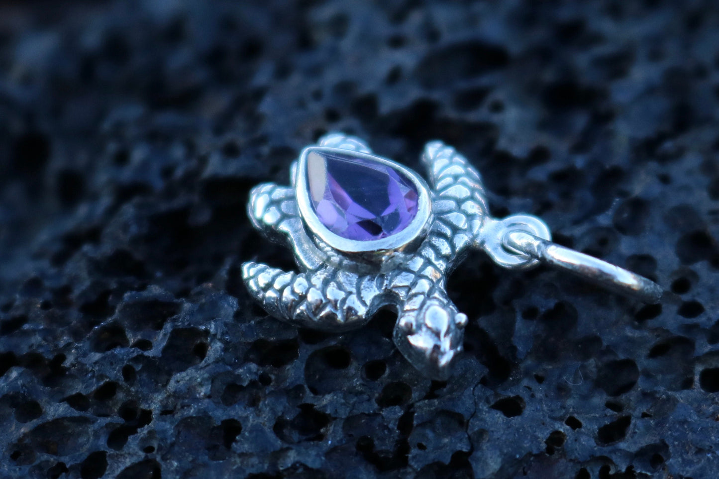 Turtle Charm Amethyst Necklace Pendant. Sterling Silver.