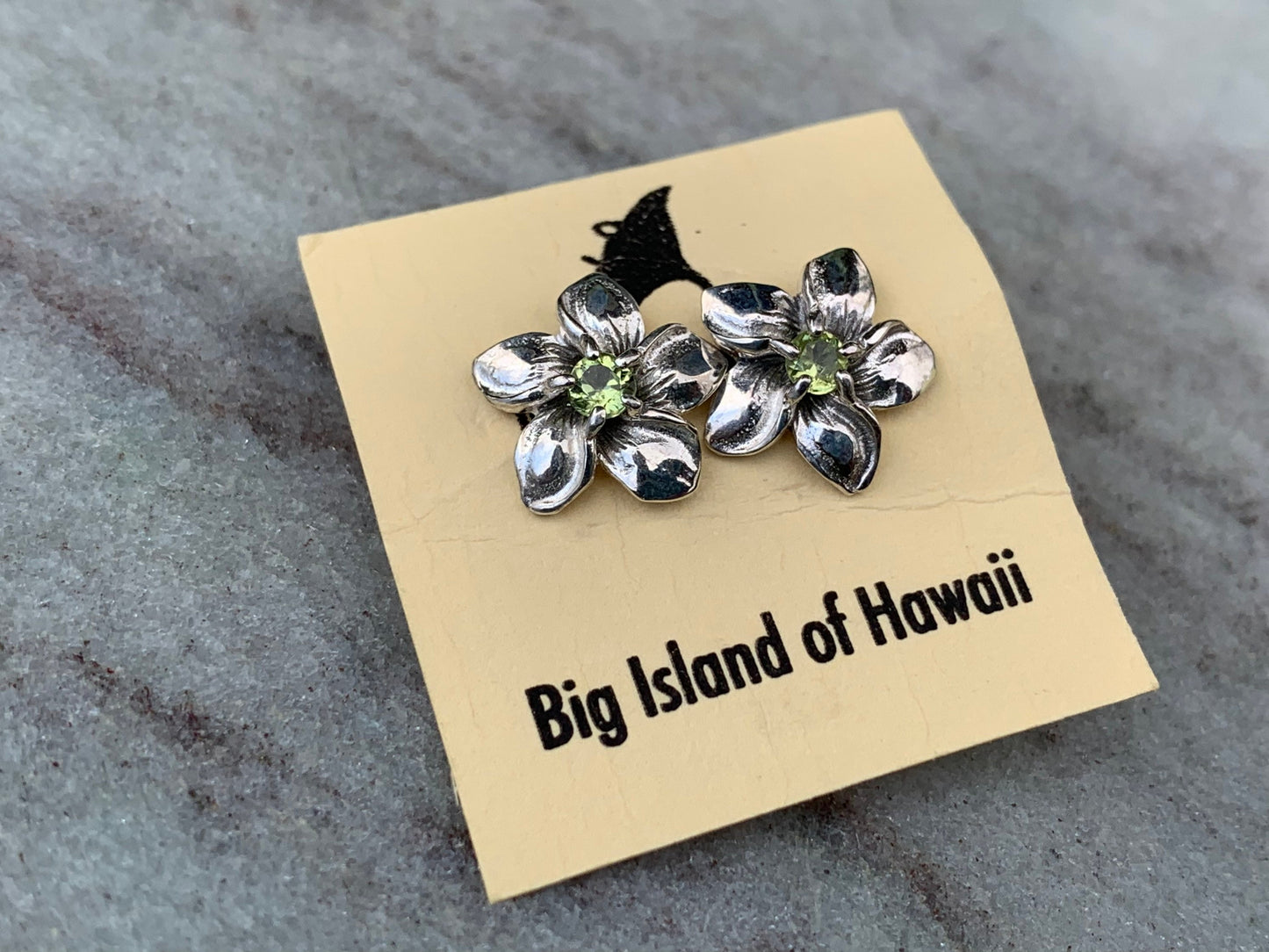 Plumeria Flower Earrings Studs. Sterling Silver. Peridot.